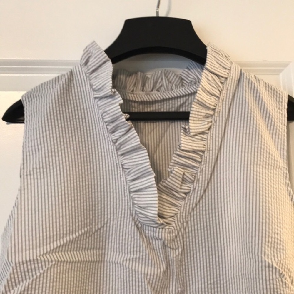 Blue and white seersucker shift w ruffle collar
